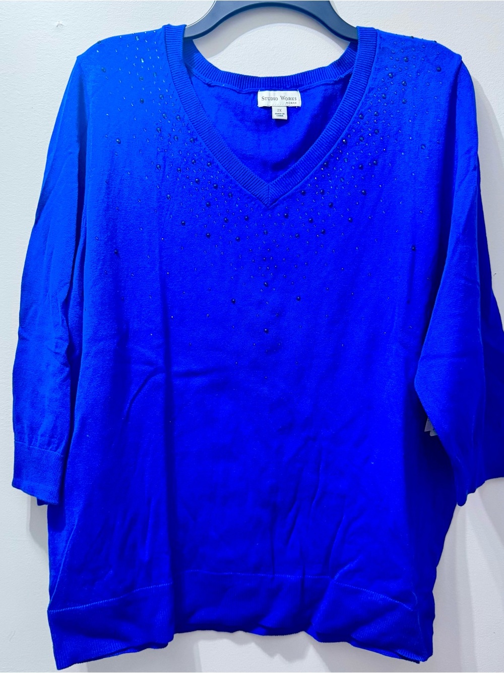 Studio Works Beaded V-Neck Sweater w 3/4 sleeve - Royal Blue- Size 2X - NWT